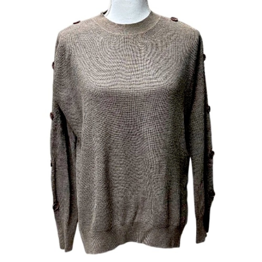 Fate Crew Neck Pullover Sweater Button Embellished Peek-a-Boo Sleeves Size M